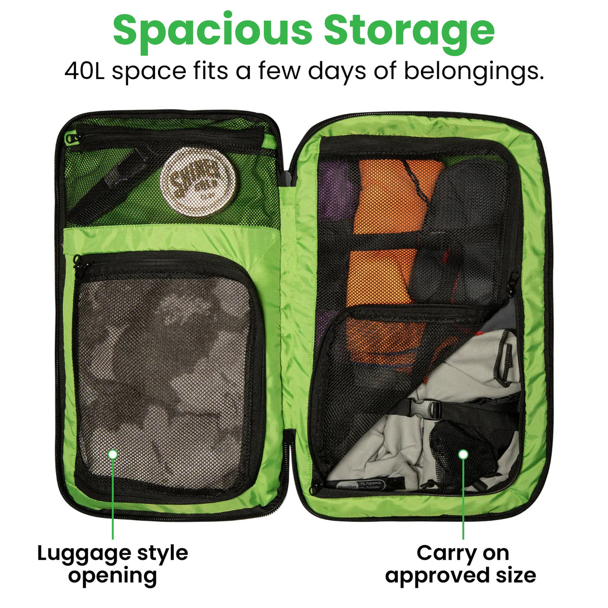 Open 40L clamshell backpack with a green lining, packed with clothes and showing a luggage-style opening