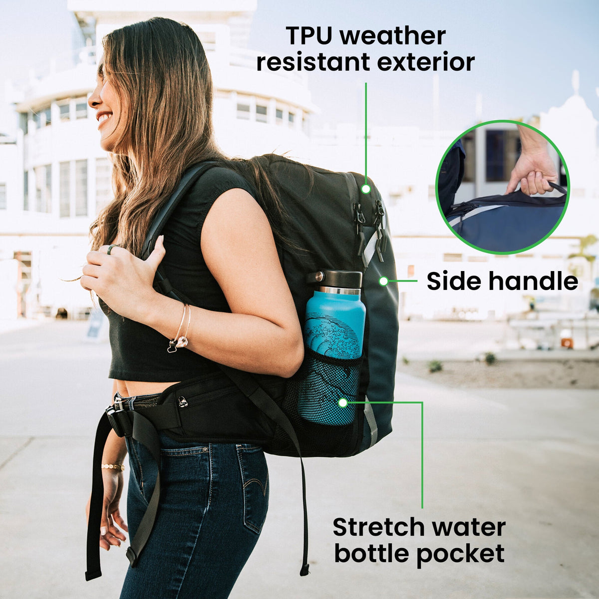 Woman wearing the black backpack, with callouts for the weather-resistant exterior, side handle and stretch water bottle pocket