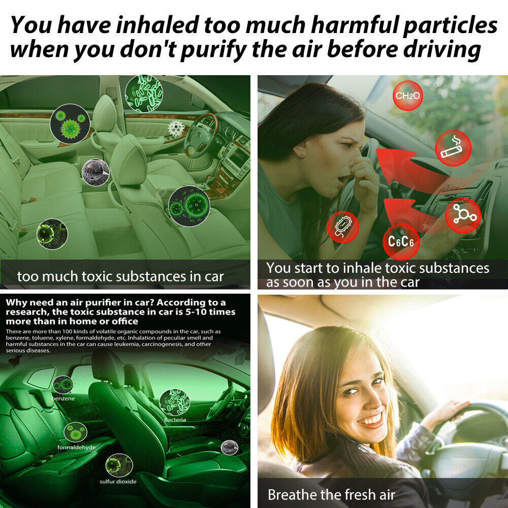 Graphic of in-car air pollutants in green, with a woman breathing fresh air below