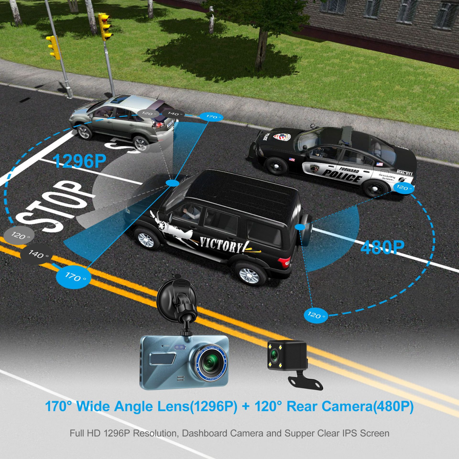 Front and rear dual dash cam angles