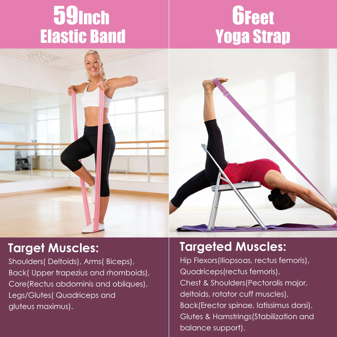 Pilates kit infographic showing a 59-inch elastic band and a 6-foot yoga strap with target-muscle notes
