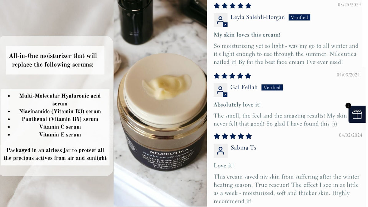 Open moisturizer jar beside a text panel and five-star customer review comments