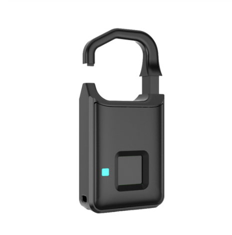 Black fingerprint padlock with its shackle open