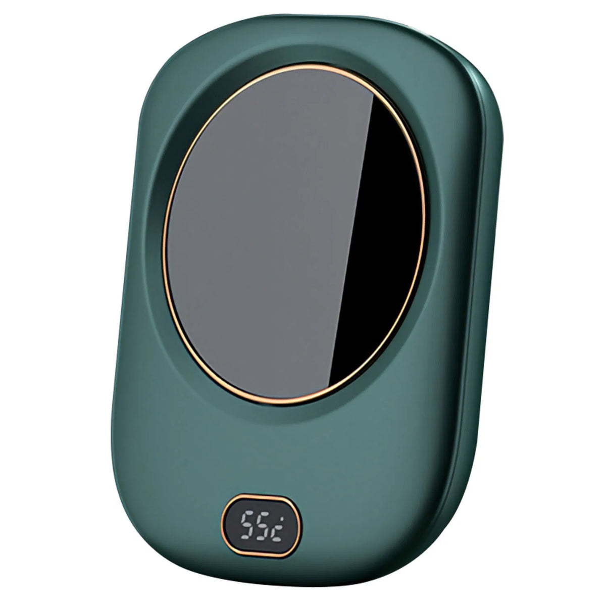 Green mug warmer with a round heating surface and a temperature display