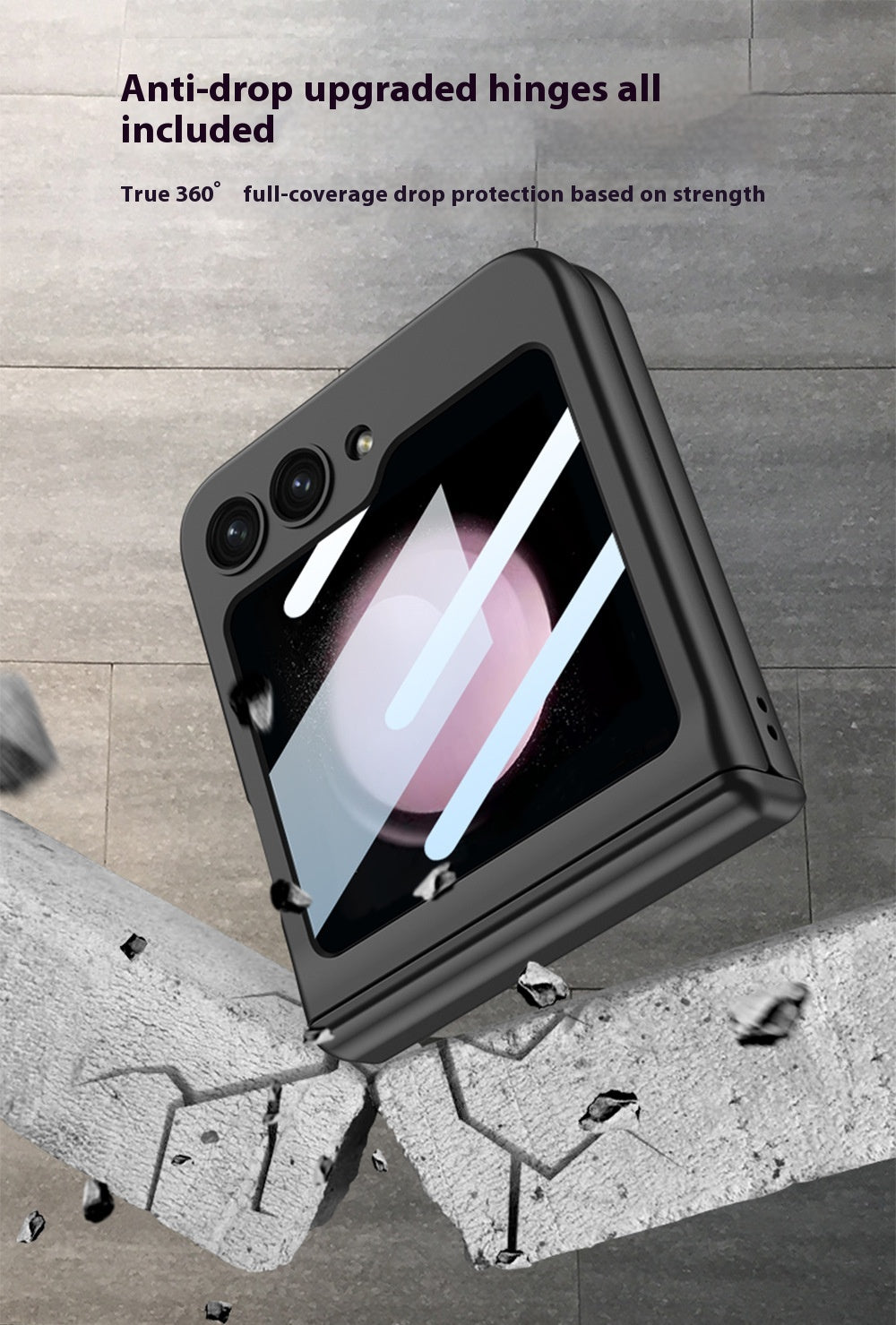 Black Galaxy Z Flip 5 case resting on broken concrete, with an anti-drop hinge caption