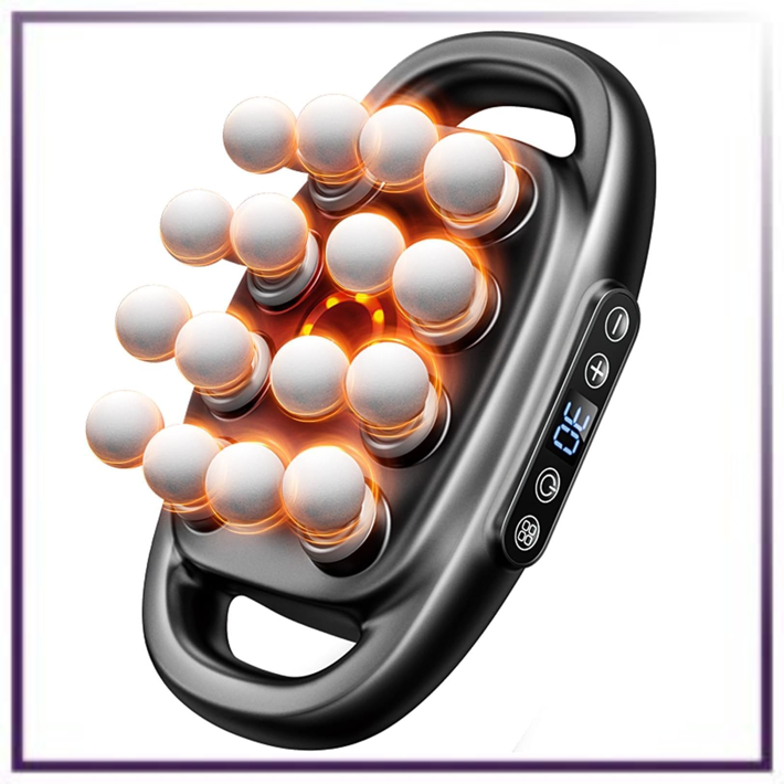 16-head massage gun with a dark gray body, round massage heads and an LED display, front view