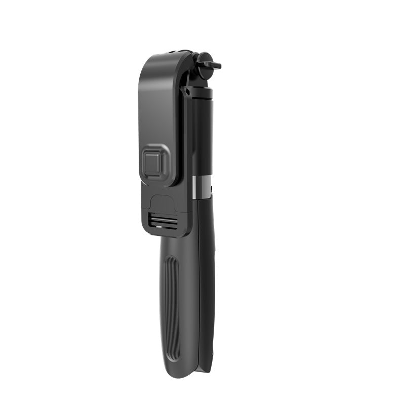 Black selfie stick tripod folded, with a phone clamp