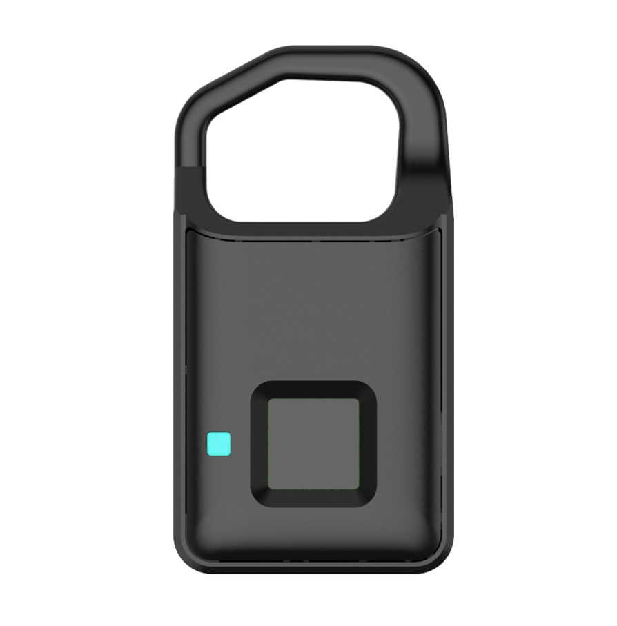 Black fingerprint padlock, front view of the fingerprint sensor and blue indicator light