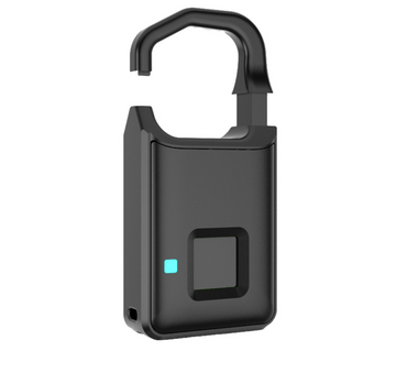 Black fingerprint padlock with a blue indicator light, front view