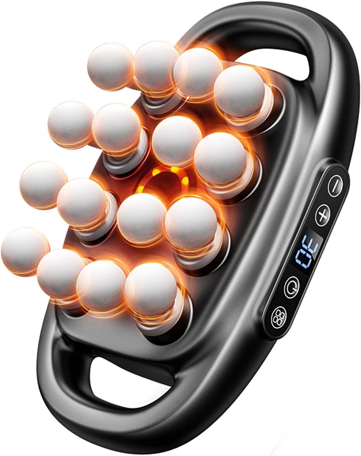 Close view of the 16-head massage gun's round massage heads and LED display