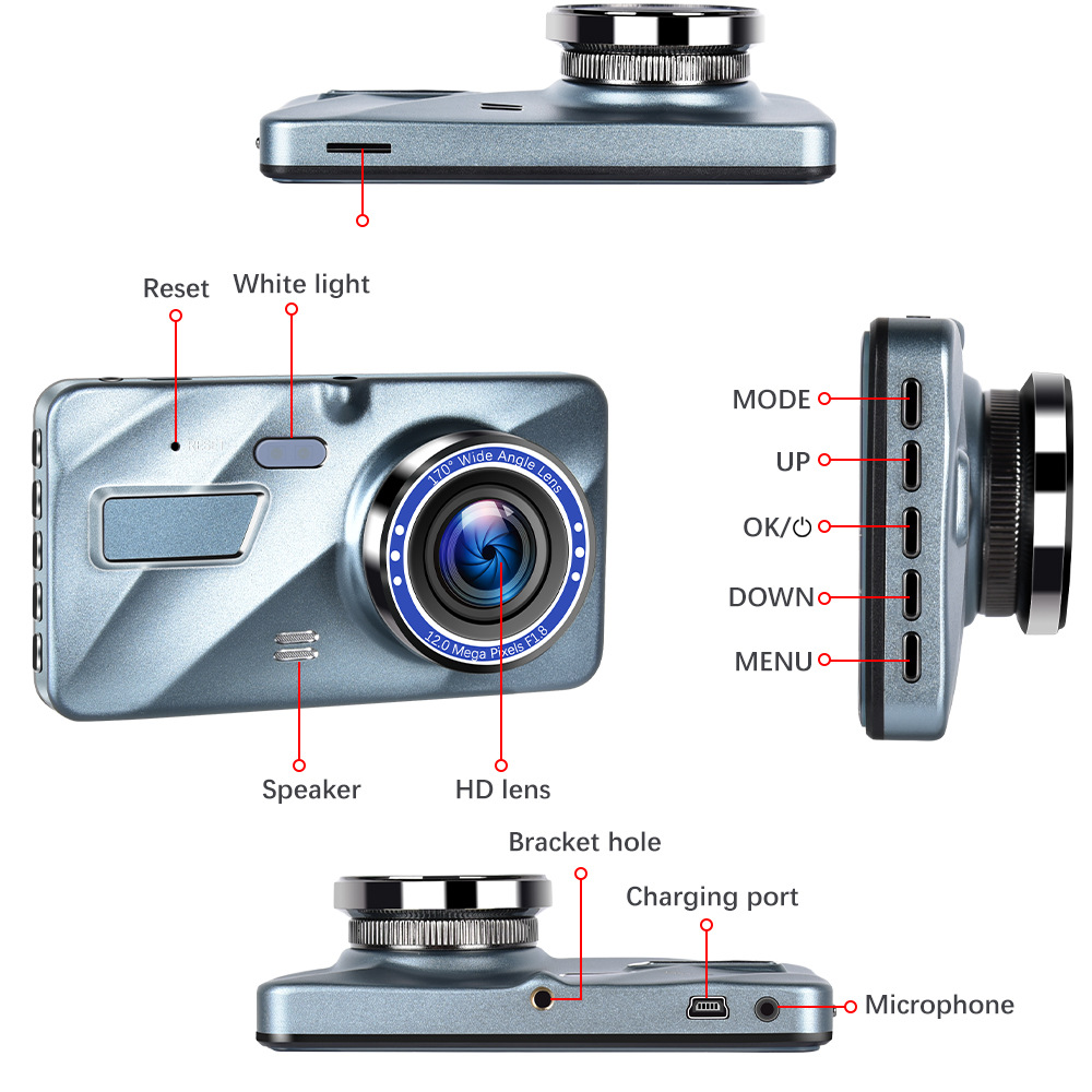 Dash cam buttons and ports labeled