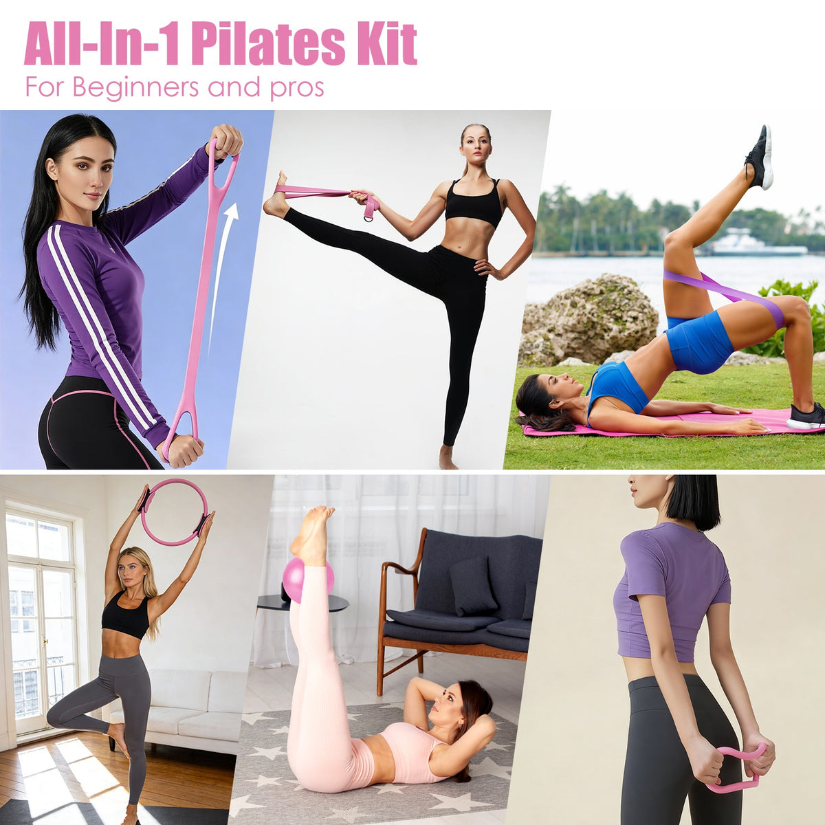 Collage of women using the pink pilates kit for band, ring and floor exercises
