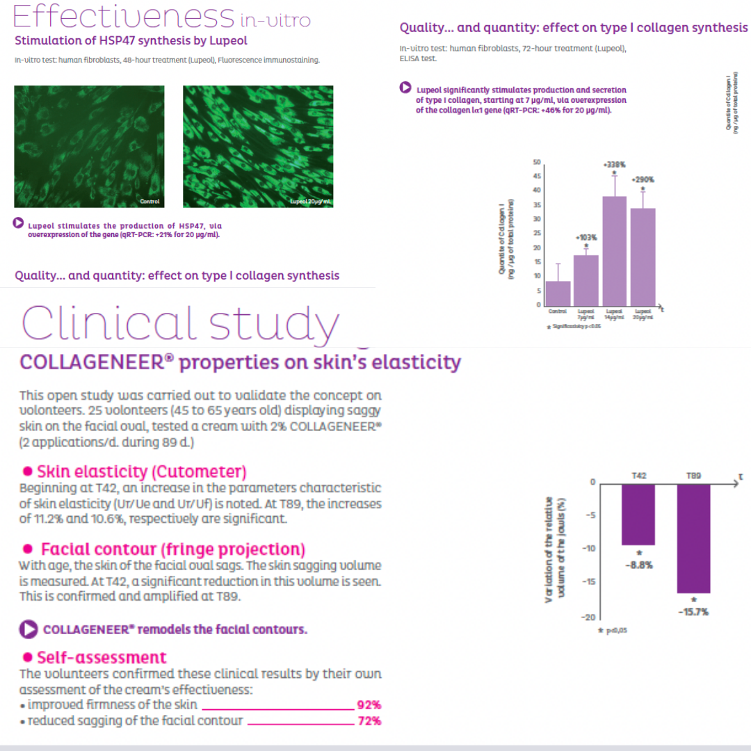 Charts and microscope images from a clinical study on collagen and skin elasticity