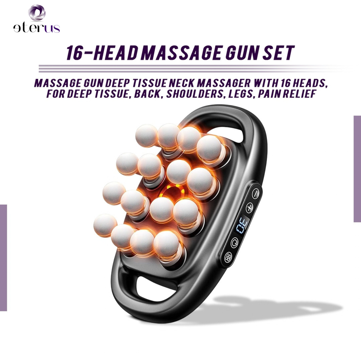 16-head massage gun shown with a headline about deep tissue, neck and back massage