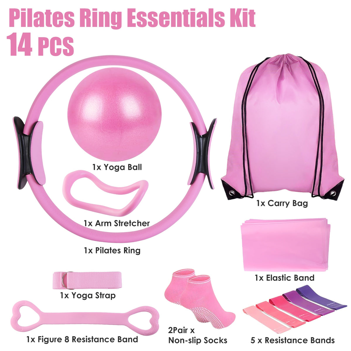 Pilates ring essentials kit layout labelling the 14 pieces