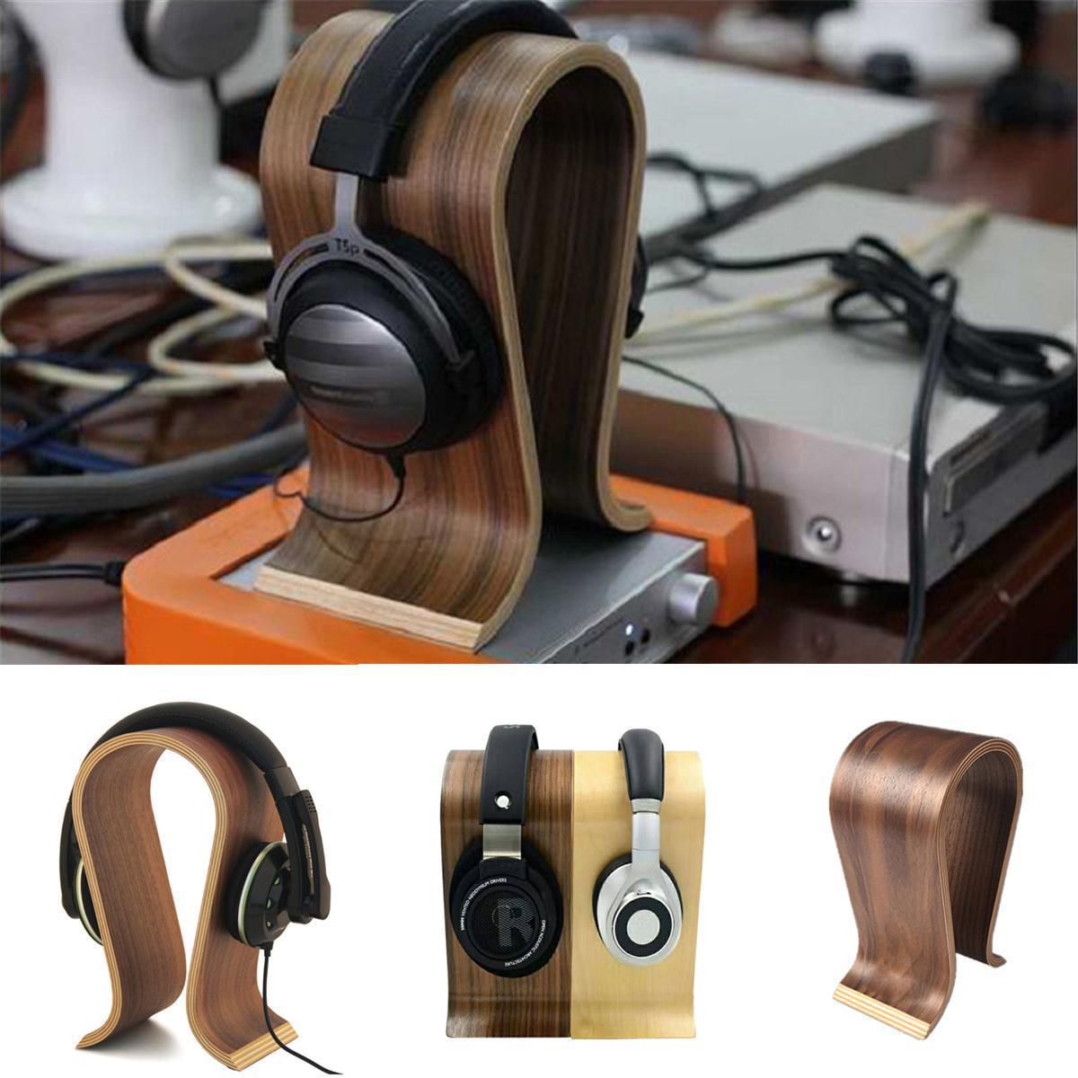 Walnut-look headphone stand on a desk beside electronics, with three smaller views below