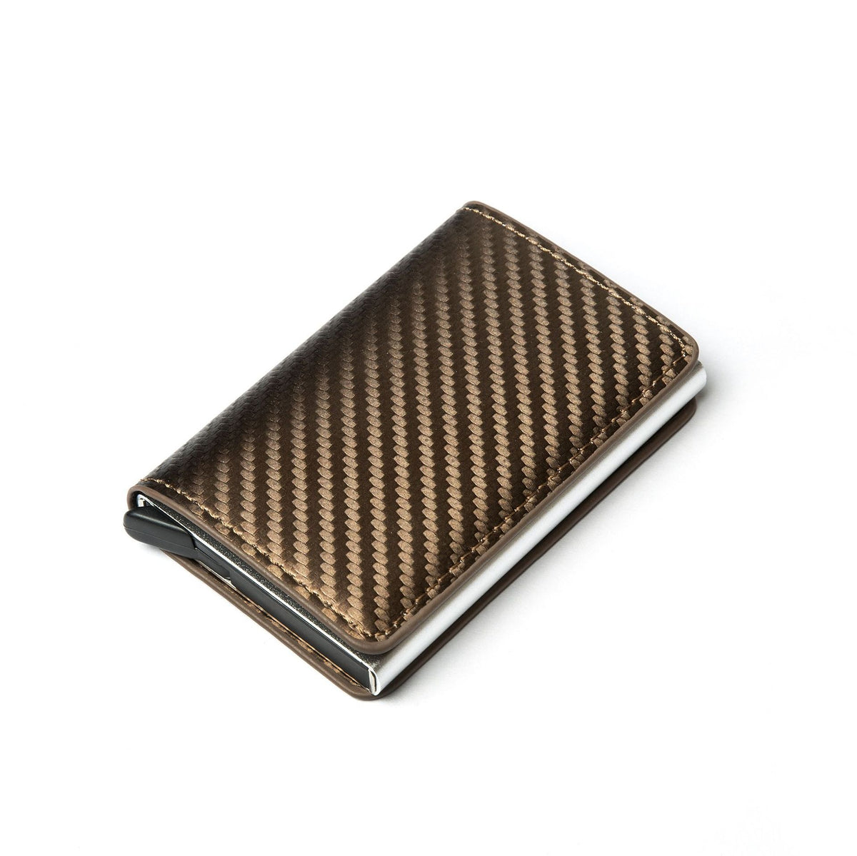 CHICAMOR RFID pop-up card wallet in bronze-brown with a carbon-fibre pattern