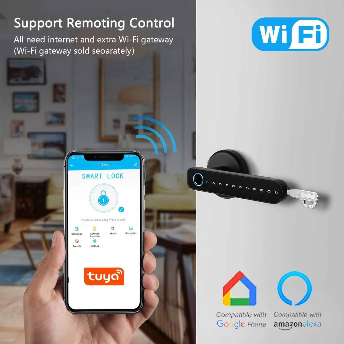 Hand holding a phone with the smart lock app beside the door handle lock, with smart-home logos