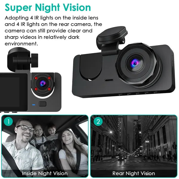 Dash camera infographic showing inside and rear night-vision views