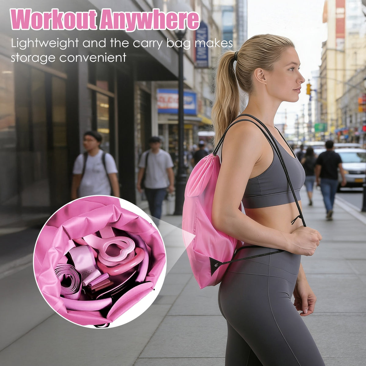 Woman carrying the pink drawstring bag, with the kit shown in an inset