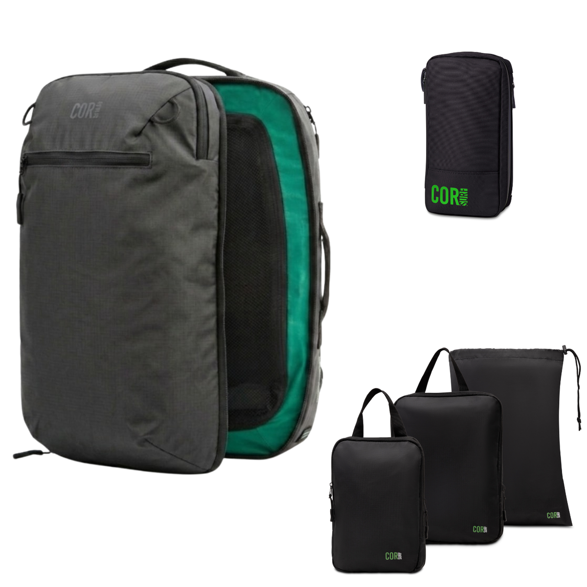 Island Hopper 2.0 backpack in dark gray, open to show a green lining, with a black toiletry bag and packing cubes