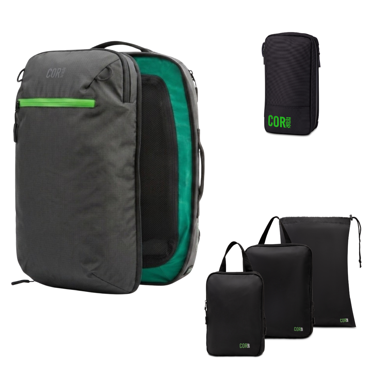 Island Hopper 2.0 backpack in dark gray with green zipper and lining, shown with a black toiletry bag and packing cubes