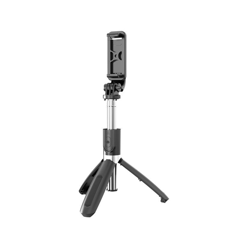 Black selfie stick with its tripod legs open and a phone clamp