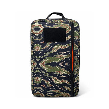 Recycled Firefighter 24 Hour Backpack in green and black tiger stripe camouflage with a black patch panel and orange zipper edge