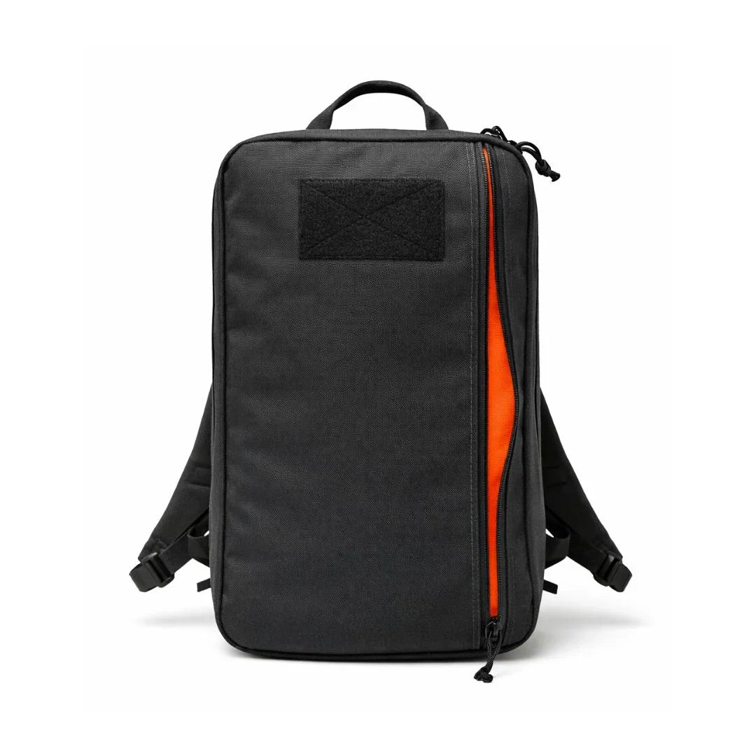 Black Recycled Firefighter 24 Hour Backpack with an orange-lined zipper opening, front view