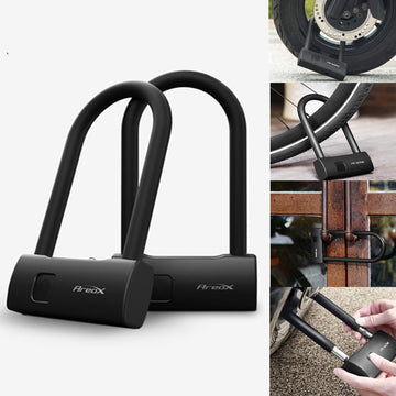 Two black U-lock bike locks with detail insets of use on a wheel, a gate and a phone app