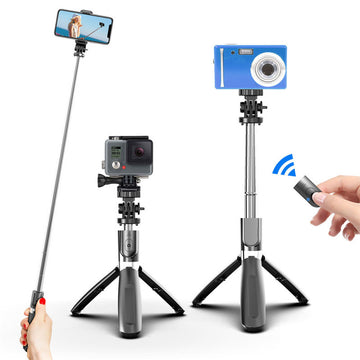 Black Bluetooth selfie stick tripod holding a phone, beside tripods with a camera and a hand holding the remote