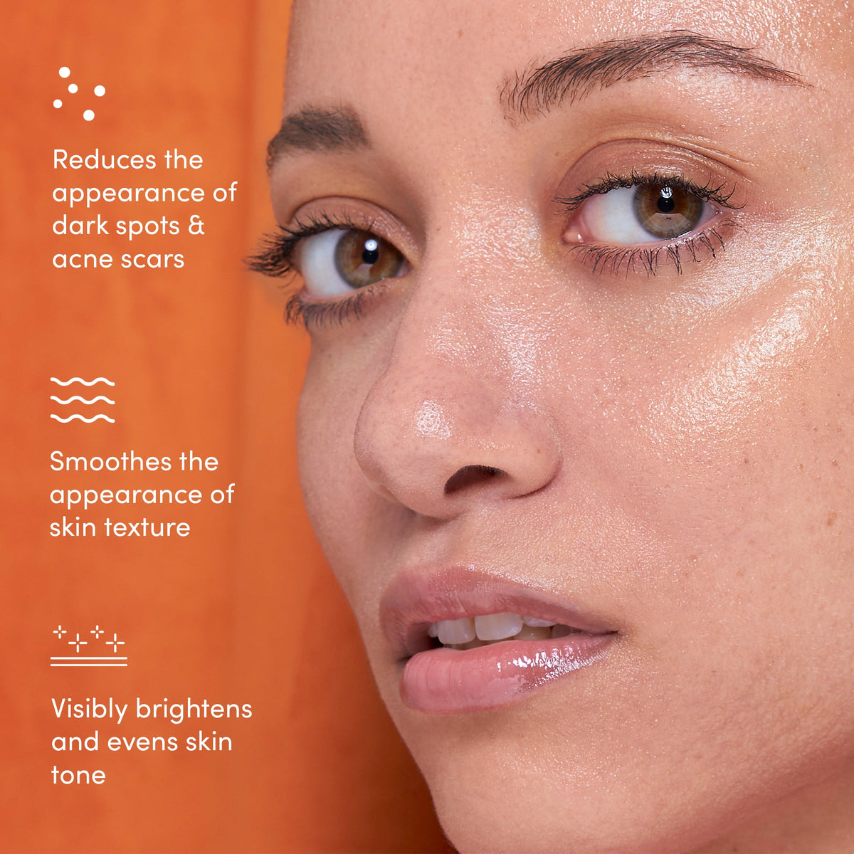 Close-up of a woman's face beside text about dark spots, skin texture and skin tone
