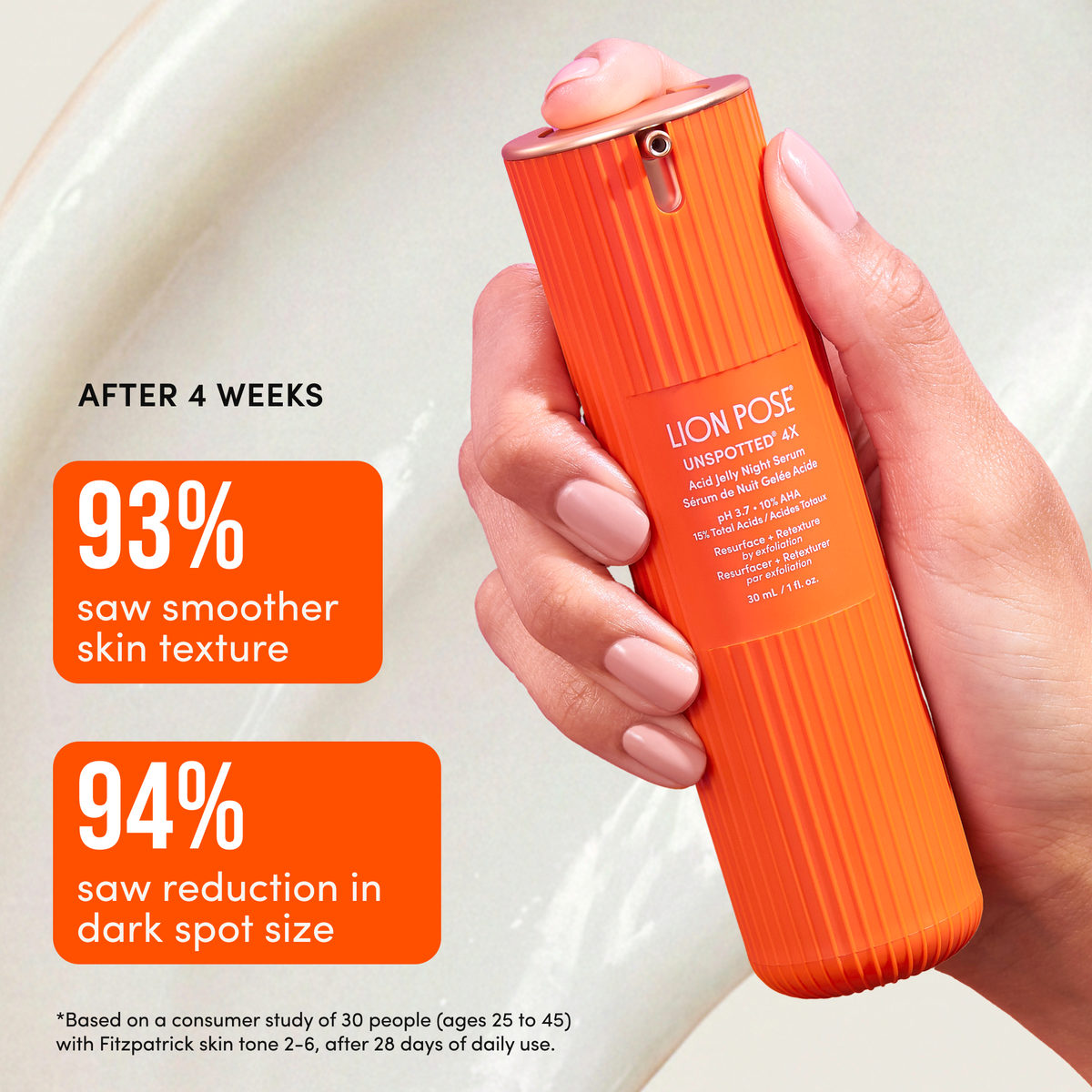 Hand holding the orange Lion Pose bottle beside survey result percentages