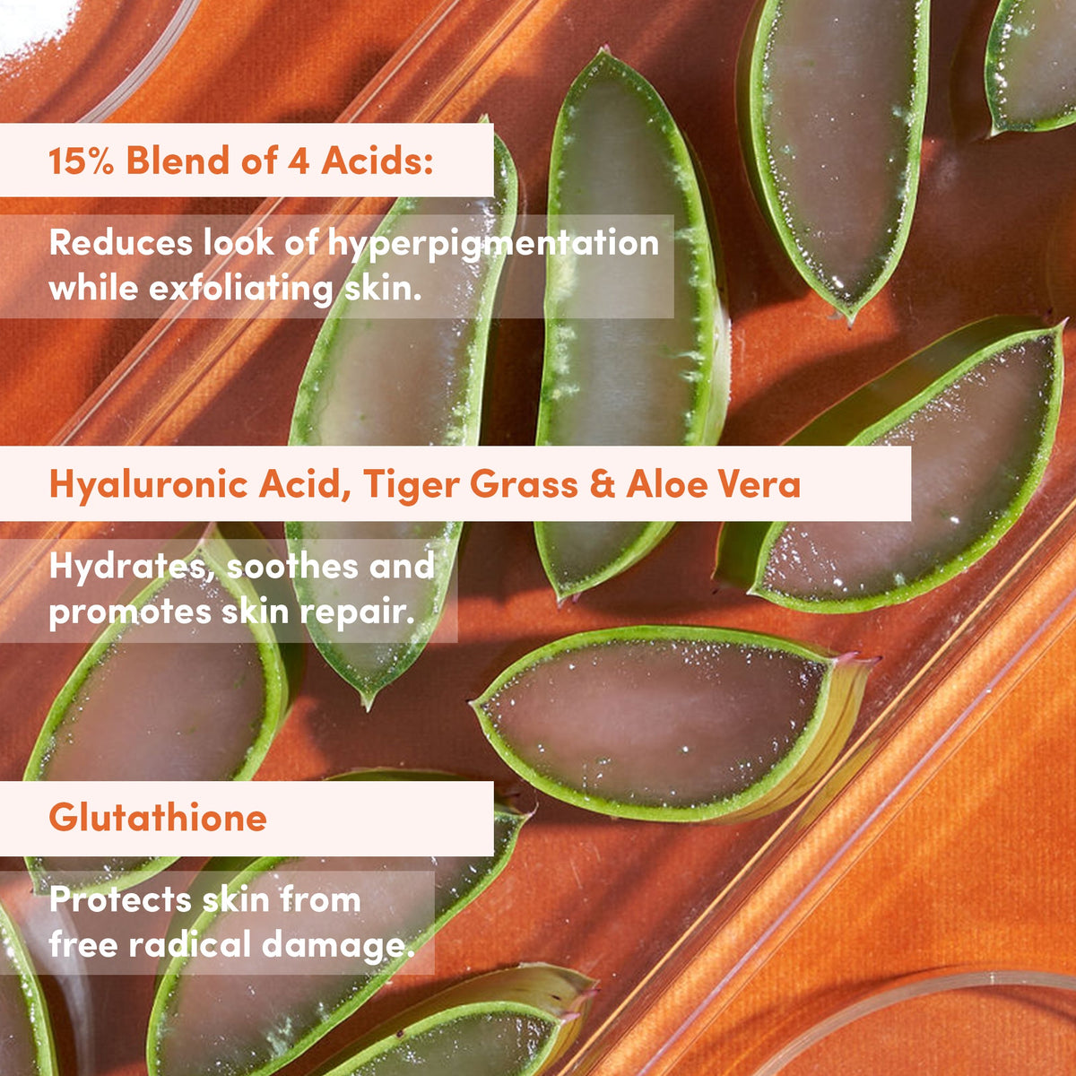 Close-up of aloe leaves with text about a blend of acids, hyaluronic acid and glutathione