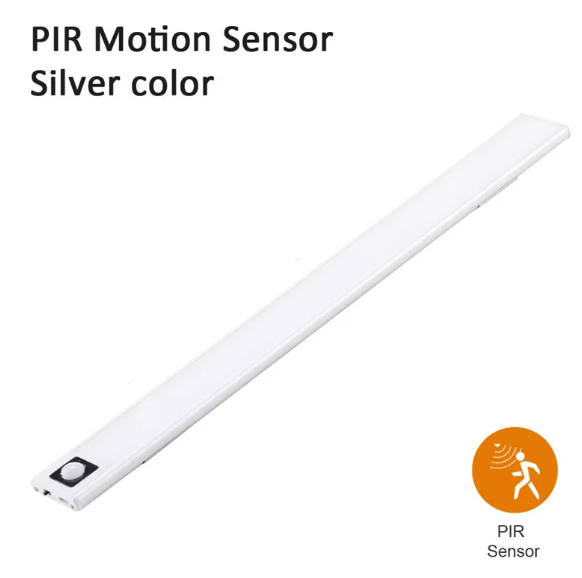 Silver motion sensor light bar with a PIR sensor icon