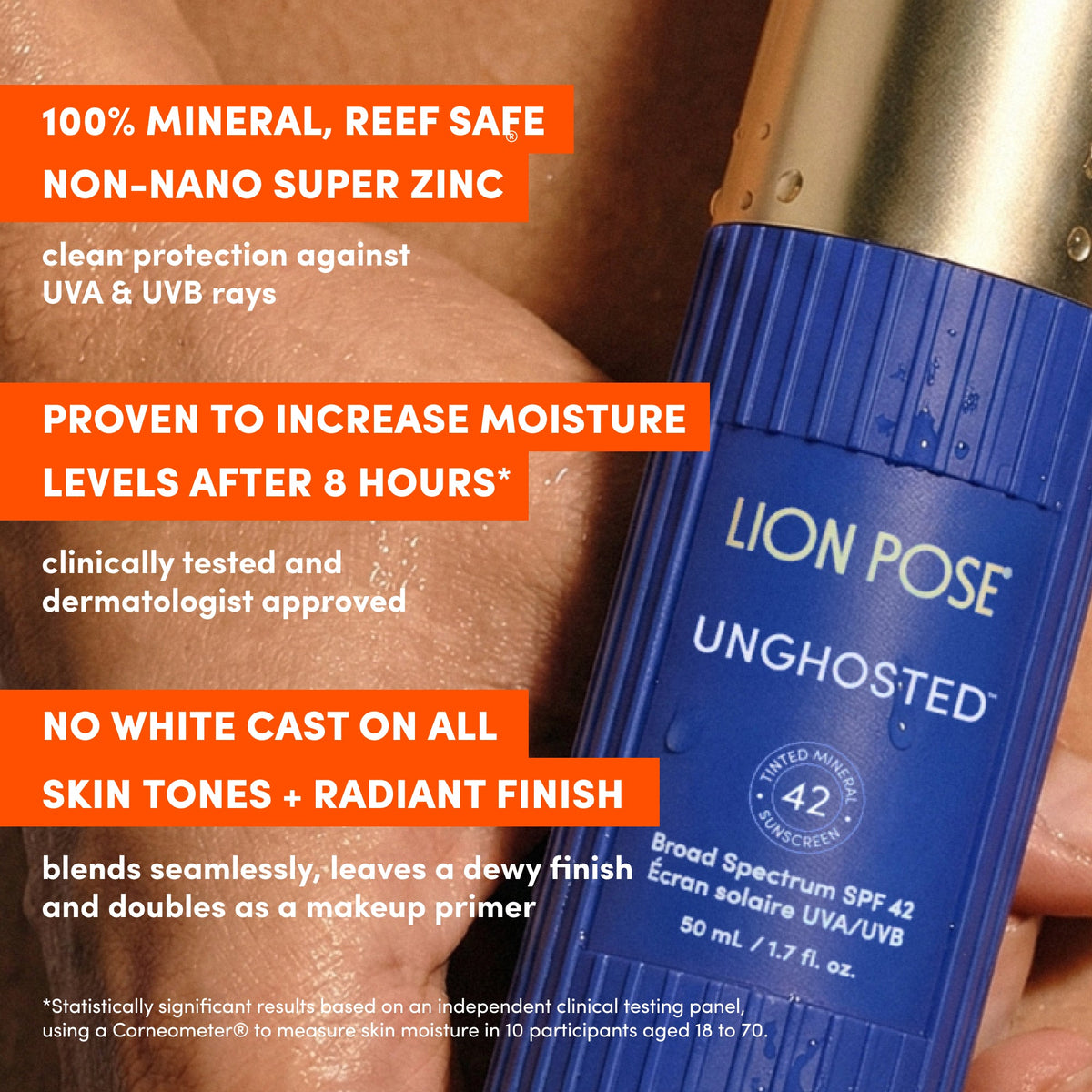 Blue Lion Pose Unghosted SPF 42 bottle with text about mineral sunscreen benefits