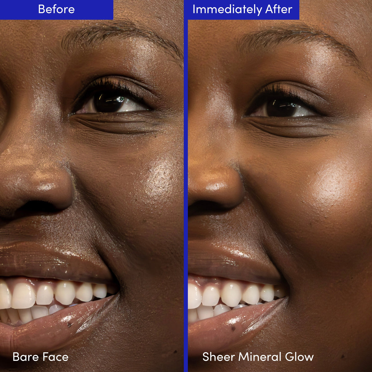 Before and after photos of a smiling woman with a deep complexion, bare face and with a sheer mineral glow