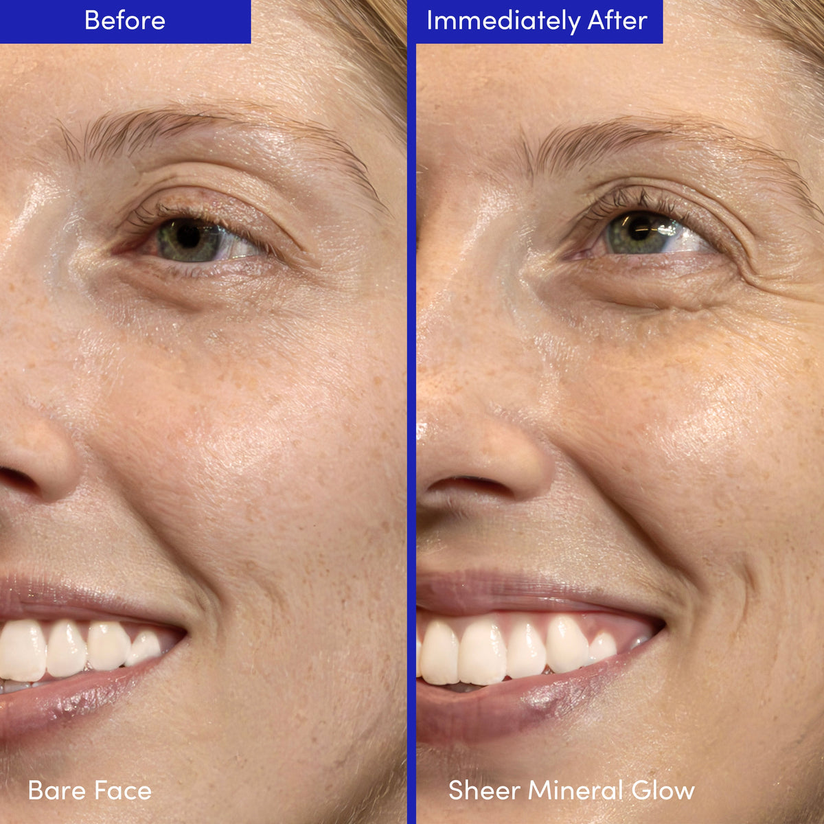 Before and after photos of a smiling woman with a light complexion, bare face and with a sheer mineral glow