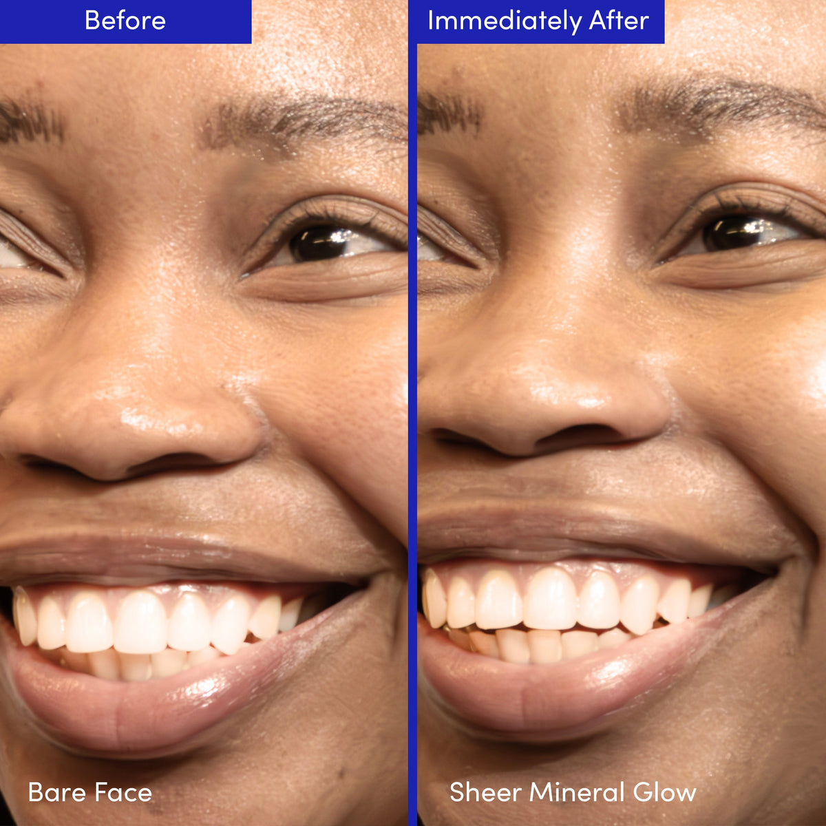 Before and after photos of a smiling woman with a medium complexion, bare face and with a sheer mineral glow