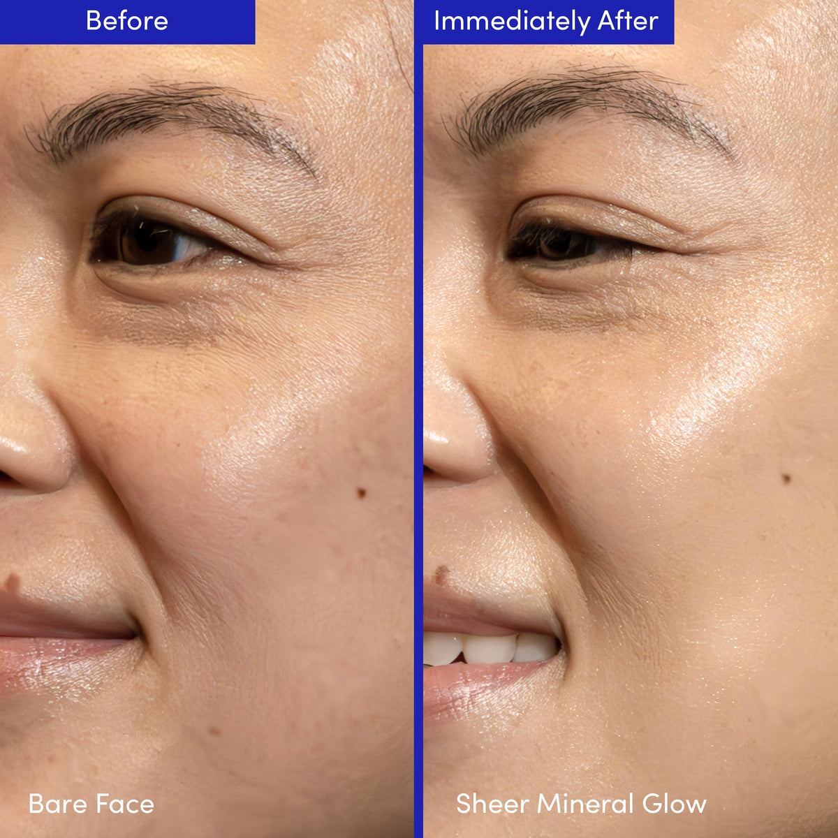 Before and after close-up of a woman's eyes and cheek, bare face and with a sheer mineral glow