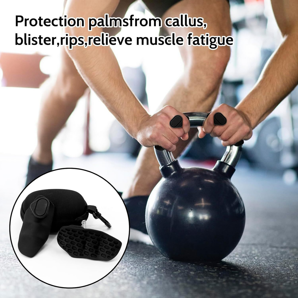 Hands gripping a kettlebell with grip pads, with text about protecting palms from callus and blisters