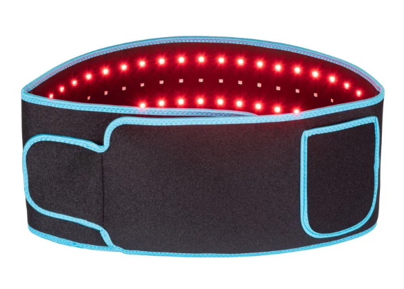 ReviveFlex red light therapy belt in black with blue edging, wrapped in a loop with its LEDs glowing red and a front strap
