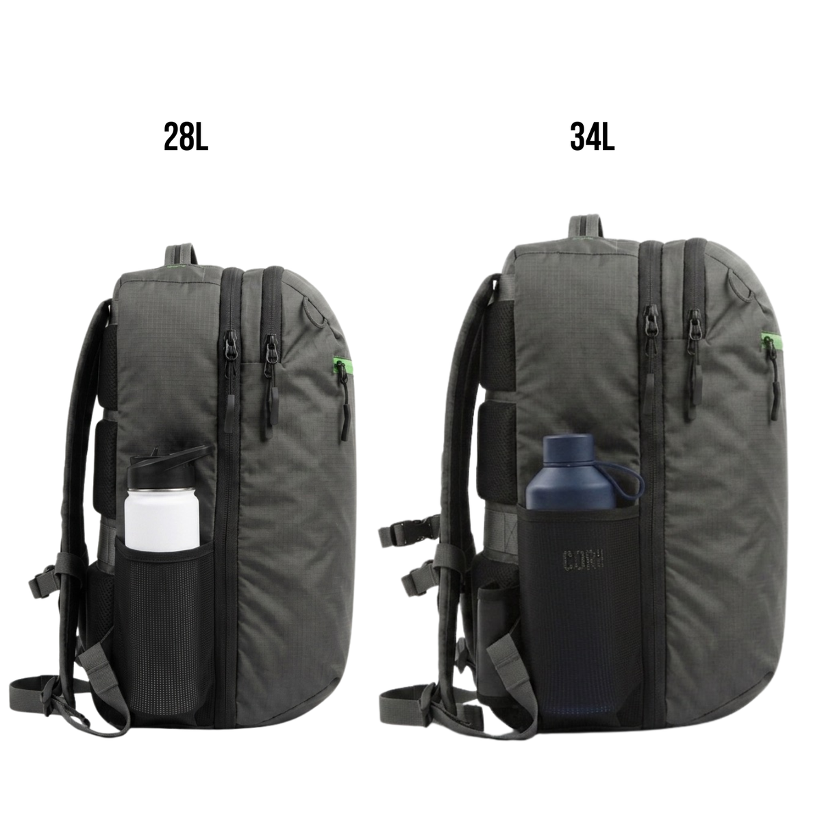 Side view comparing the 28L and 34L backpacks, each with a water bottle in the side pocket