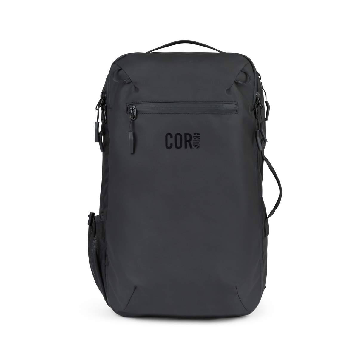 Smaller black Island Hopper backpack, front view