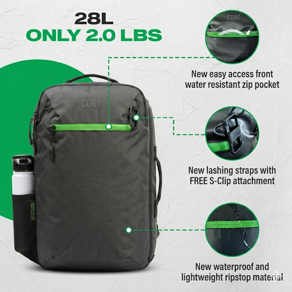 Front view of the 28L backpack with callouts for a water-resistant front pocket, lashing straps and ripstop material