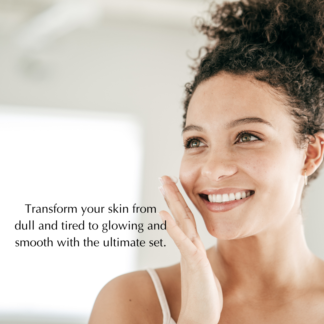 Smiling woman with curly hair touching her cheek, with the text Transform your skin from dull and tired to glowing and smooth