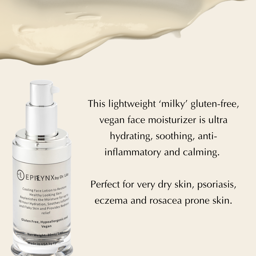 Moisturizer bottle with a swoosh of cream and text describing its lightweight, hydrating formula