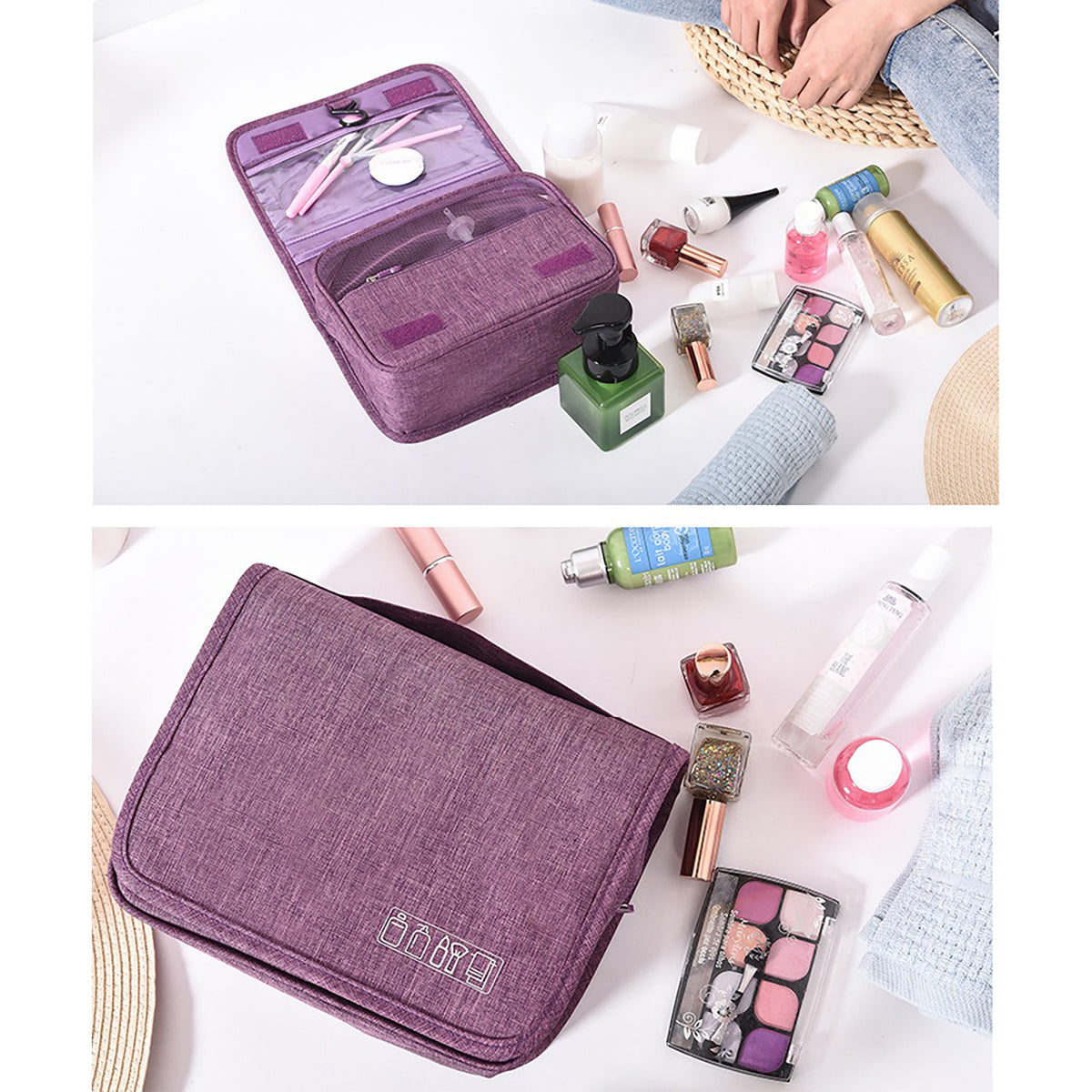 Purple toiletry bags open and closed beside makeup and toiletries