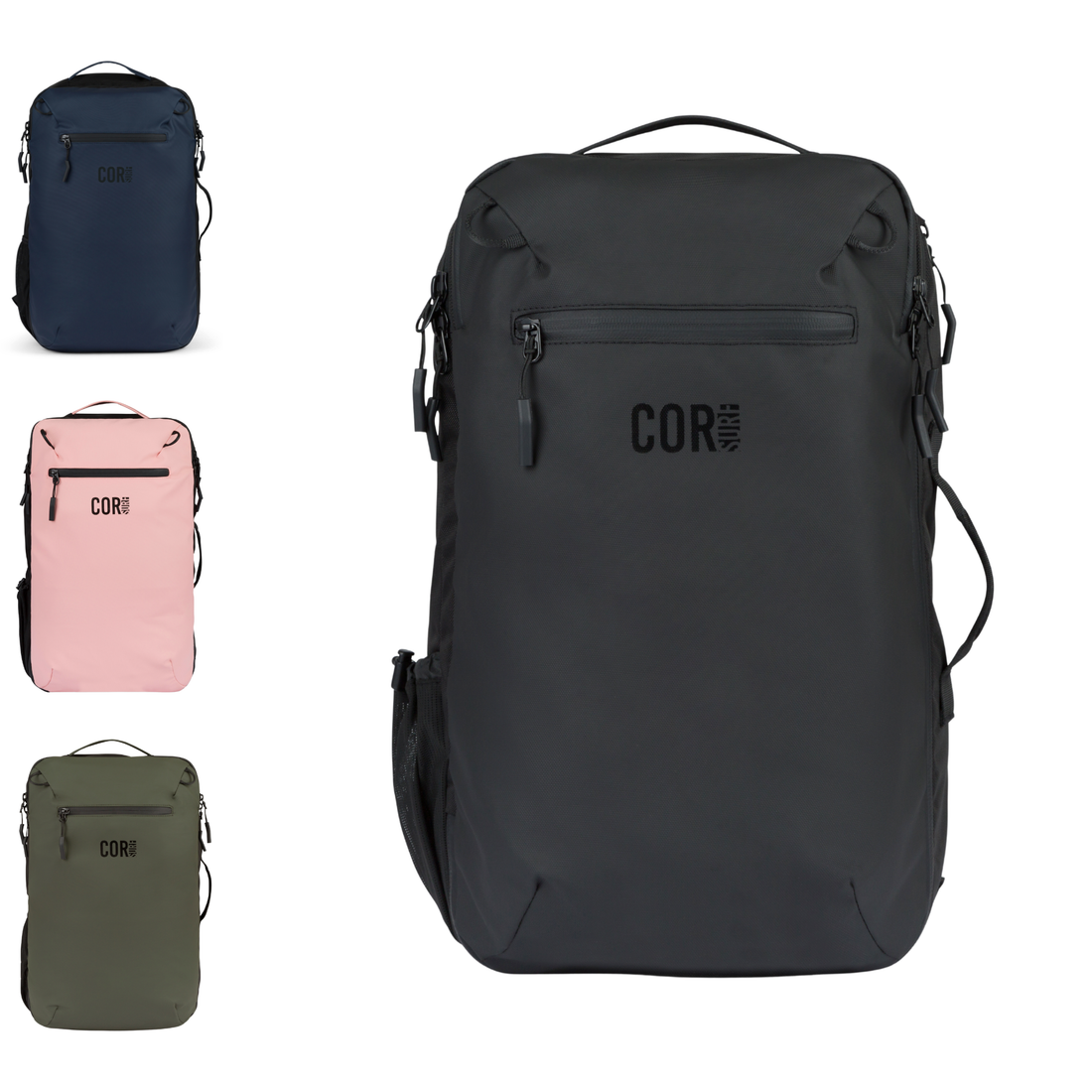 COR Surf Island Hopper 40L in black beside smaller views of the backpack in navy, pink and olive green