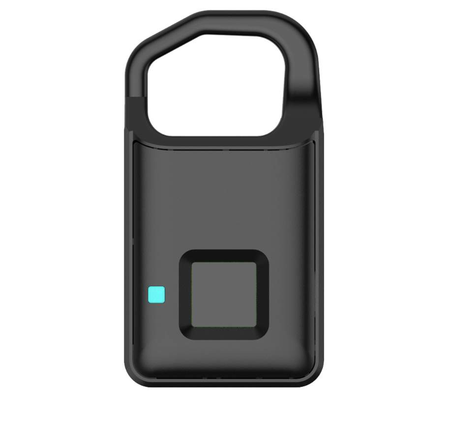 Black fingerprint padlock, front view on a white background